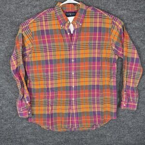 RARE Vtg Ralph Lauren Silk Linen Retro Plaid Mens XL Orange Purple Button Down‎